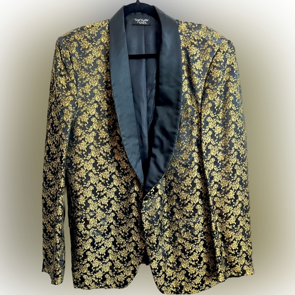 Vintage Shawl Collar Gold Demask Roses Pattern Formal Dinner / Tux Jacket - Picture 1 of 7